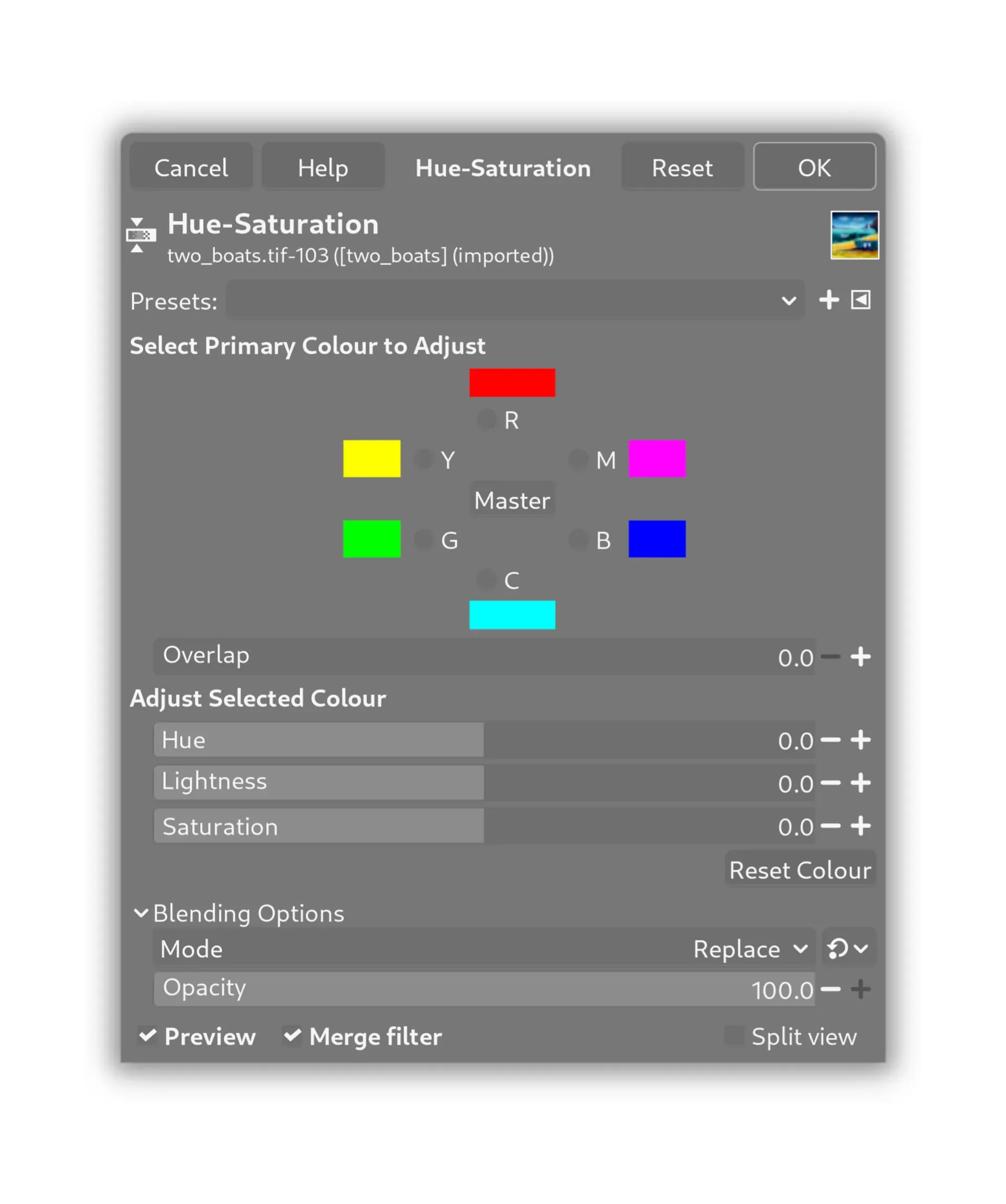 The Hue-Saturation dialog in GIMP